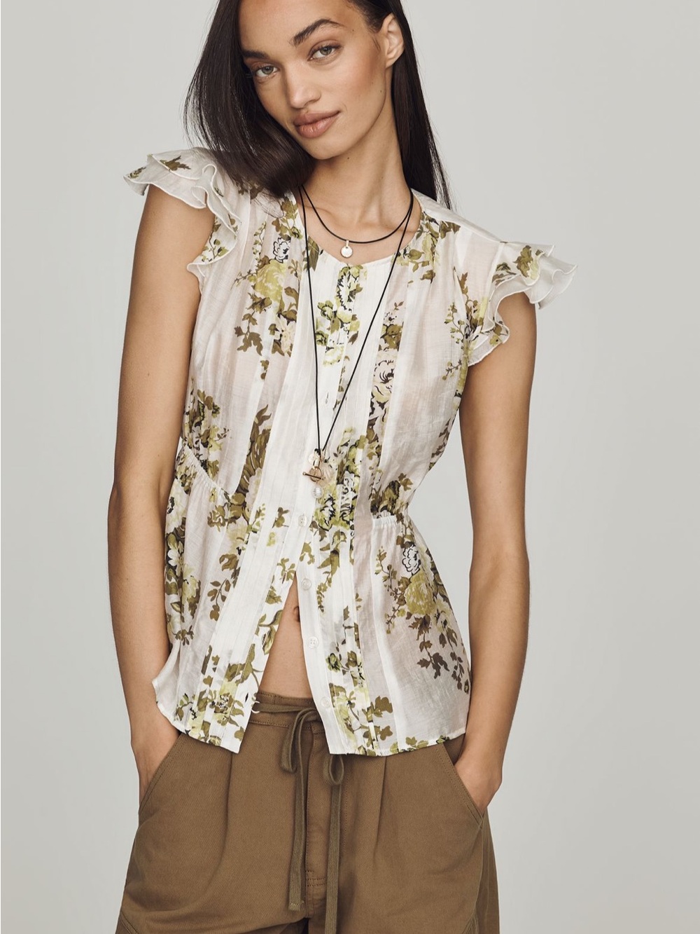 Anthropologie White Floral Flutter Sleeve Blouse with Olive Print